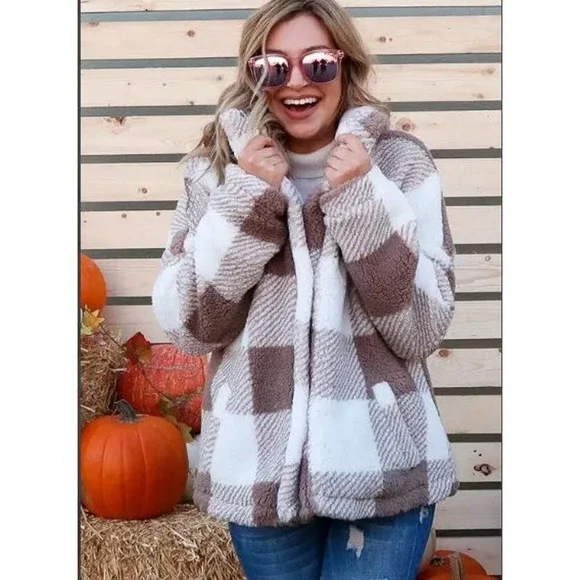 Brown Plaid Sherpa Snap Front Pocket Shacket - Picture 2 of 4